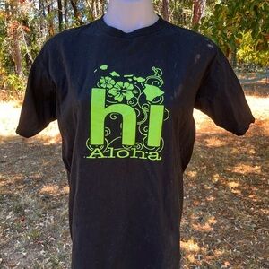 Hawaii Aloha Hi Obey Black T-Shirt with Green 'hi Aloha' Print
